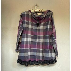 Sue Williams Womens Lace Hem Wool Blend Plaid Blouse Medium Purple 3/4 Sleeve